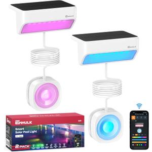 Enhulk Pool Lights with APP Control - 43+ Color Scenes & Timer, IP68 Waterproof Above Ground Pool Light,Poolside Solar Light, RGBW Solar Pool Lights for Garden, Pond, Patio (White 2-Pack)