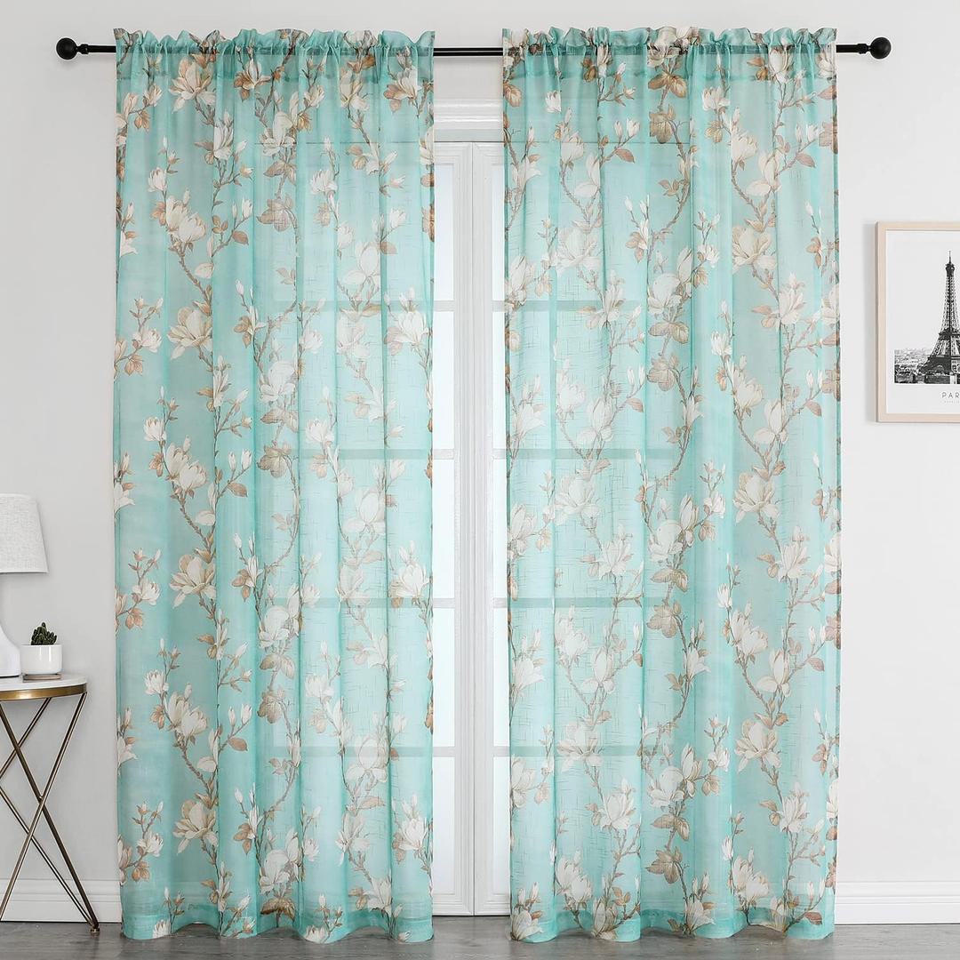 SMILE WEAVER Turquoise Sheer Curtains 54 inch Length 2 Panels for Living Room,Floral Semi Sheer Curtain-Rod Pocket Voile Linen Textured Privacy Light Filtering Window Drapes for Bedroom SMILE WEAVER Turquoise Sheer Curtains 54 inch Length 2 Panels for Living Room,Floral Semi Sheer Curtain-Rod Pocket Voile Linen Textured Privacy Light Filtering Window Drapes for Bedroom
