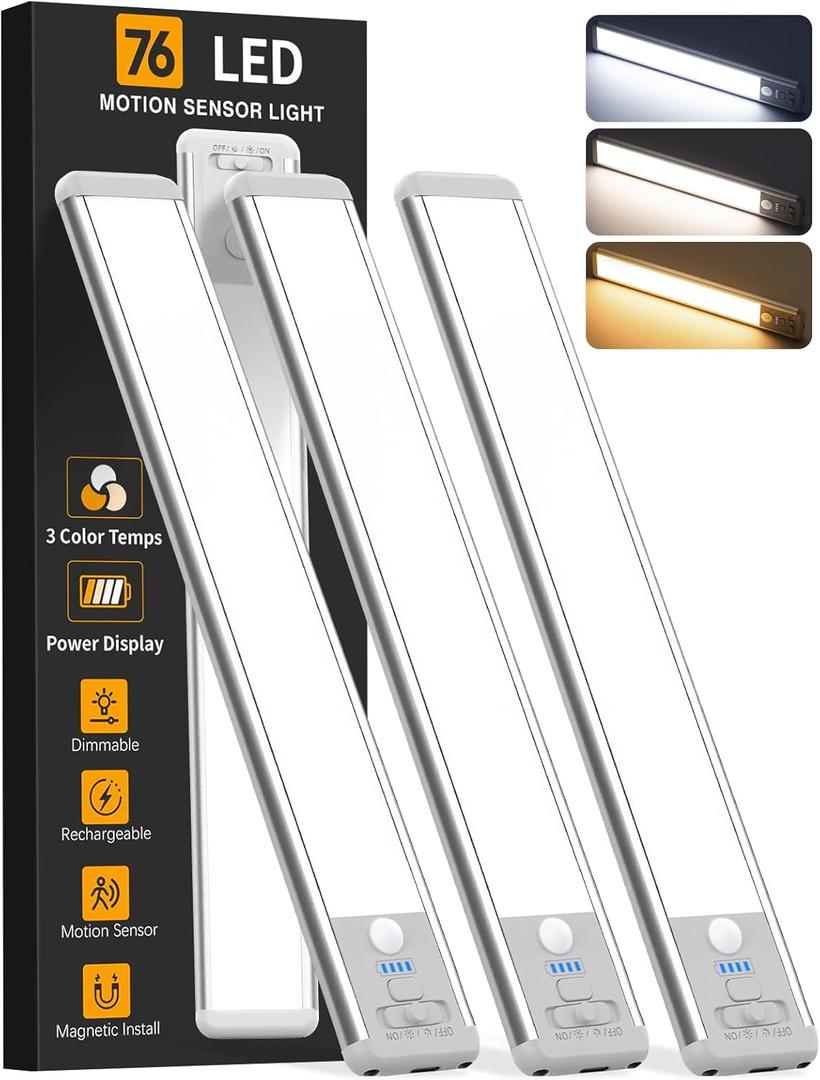 Under Cabinet Lighting Wireless, Rechargeable Motion Sensor Light Indoor, 3 Color Dimmable Closet Light Battery Operated with LED Power Display, Magnetic Under Counter Lights for Kitchen, Home (3Pack)