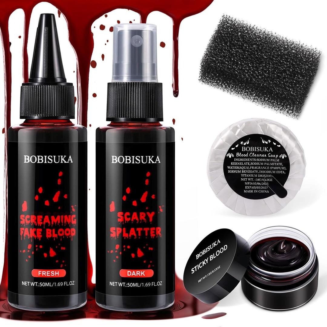 BOBISUKA 5PCS Halloween Fake Blood Kit  Dripping Fresh Blood, Dark Spray Blood, Coagulated Gel, Cleansing Soap, Stipple Sponge  Realistic Washable SFX Makeup for Zombie, Vampire Monster & Cosplay