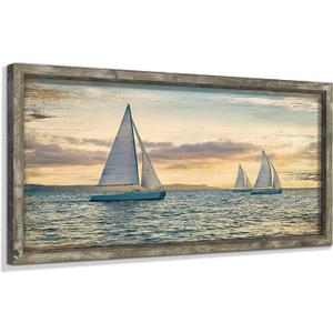 Coastal Framed Wooden Wall Art: Ocean Painting Art Sail Boats Artwork Decor Sunset Seascape Picture Prints for Bedroom 24"x12"