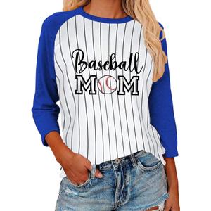 Womens Striped Baseball Shirt 3/4 Sleeve Raglan Crewneck Patchwork Ladies Baseball Mom Tops Blue M (M)
