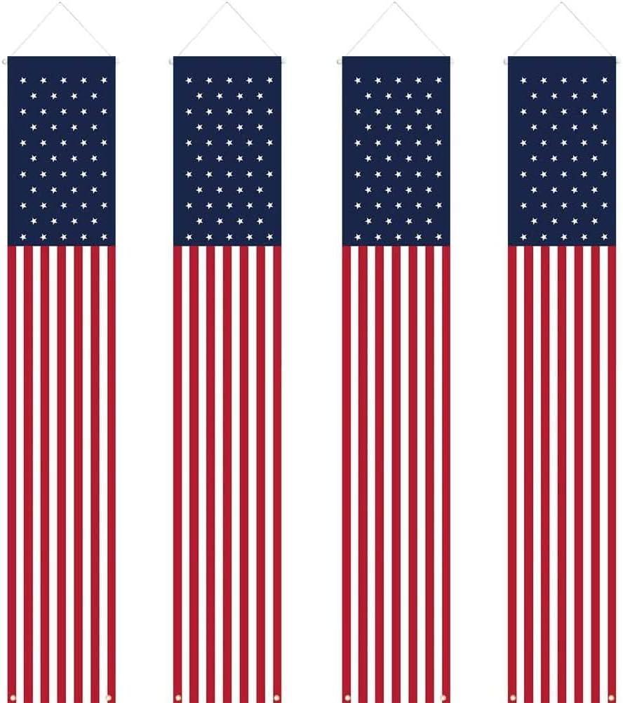 4 PCS Patriotic Decorations 4th of July Decorations Outdoor Hanging American Flag Banners Porch Sign for Veterans Memorial Labor Presidents Flag Election Day