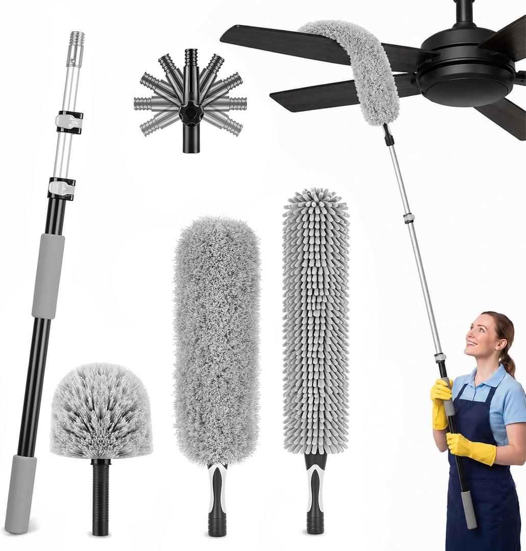IDEATECH Cobweb Duster Kit with Extension Pole, 110-Inch Reach High Ceiling Fan Duster, Spider Web Brush with Telescoping Pole, Bendable Microfiber Duster for Wall Edges, Corners & Hard-to-Reach Areas