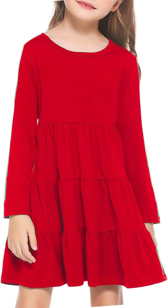 Arshiner Girl Long Sleeve Dress Tiered Ruffle Swing Tunic Shirt Dress (Red)
