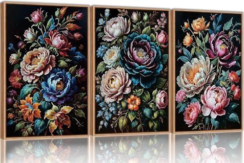 SIKERIC Dark Black Moody Floral Wall Art, Vintage Colourful Flower Framed Canvas Art Prints Set of 3, Large Botanical Art Paintings, Nature Peony Wall Decor for Living Room, Bedroom, Office-24X36 inch