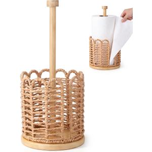 1 Pcs Natural Woven Rattan Paper Towel Holder 13.4 Inch Countertop Dispenser with Rattan Weaving Cage and Solid Wood Base, Rustic Farmhouse Kitchen Decor for Napkins and Roll Towels