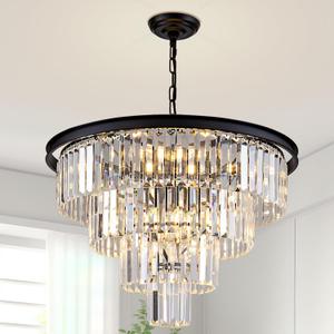 10 Light Black Crystal Chandelier 24'' Modern Round Chandeliers for Dining Room Contemporary Ceiling Pendant Light Fixture 4-Tier Adjustable Height E12 for Living Room Foyer Entryway