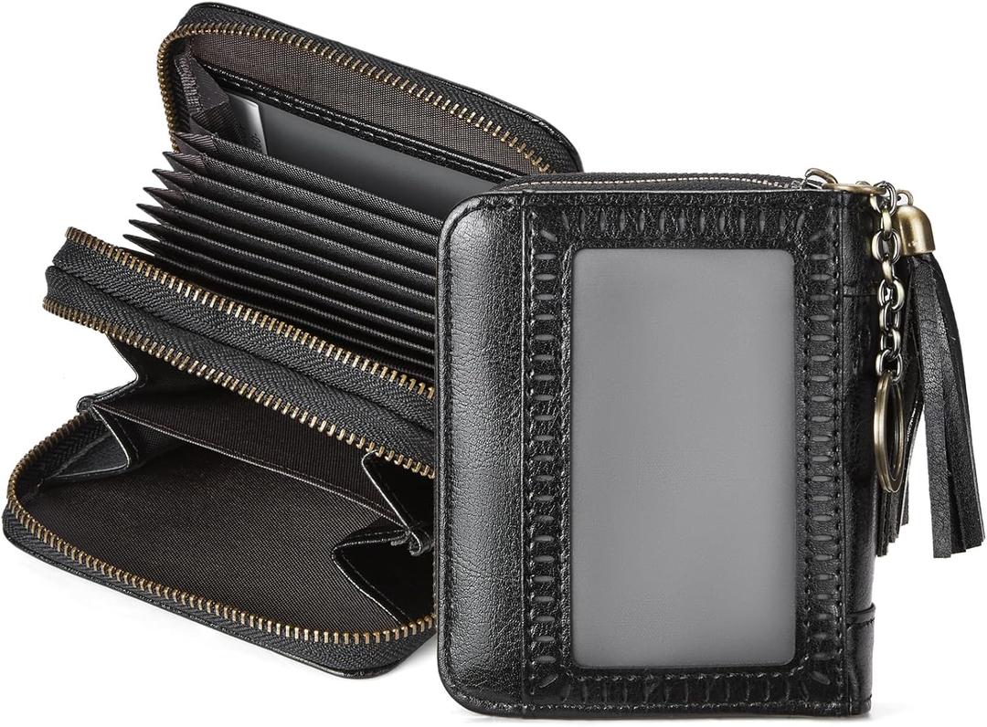 BOSTANTEN Credit Card Holder Wallet RFID Double Zipper Small Wallet for Women Leather Keychain Wallet with Tassel Black