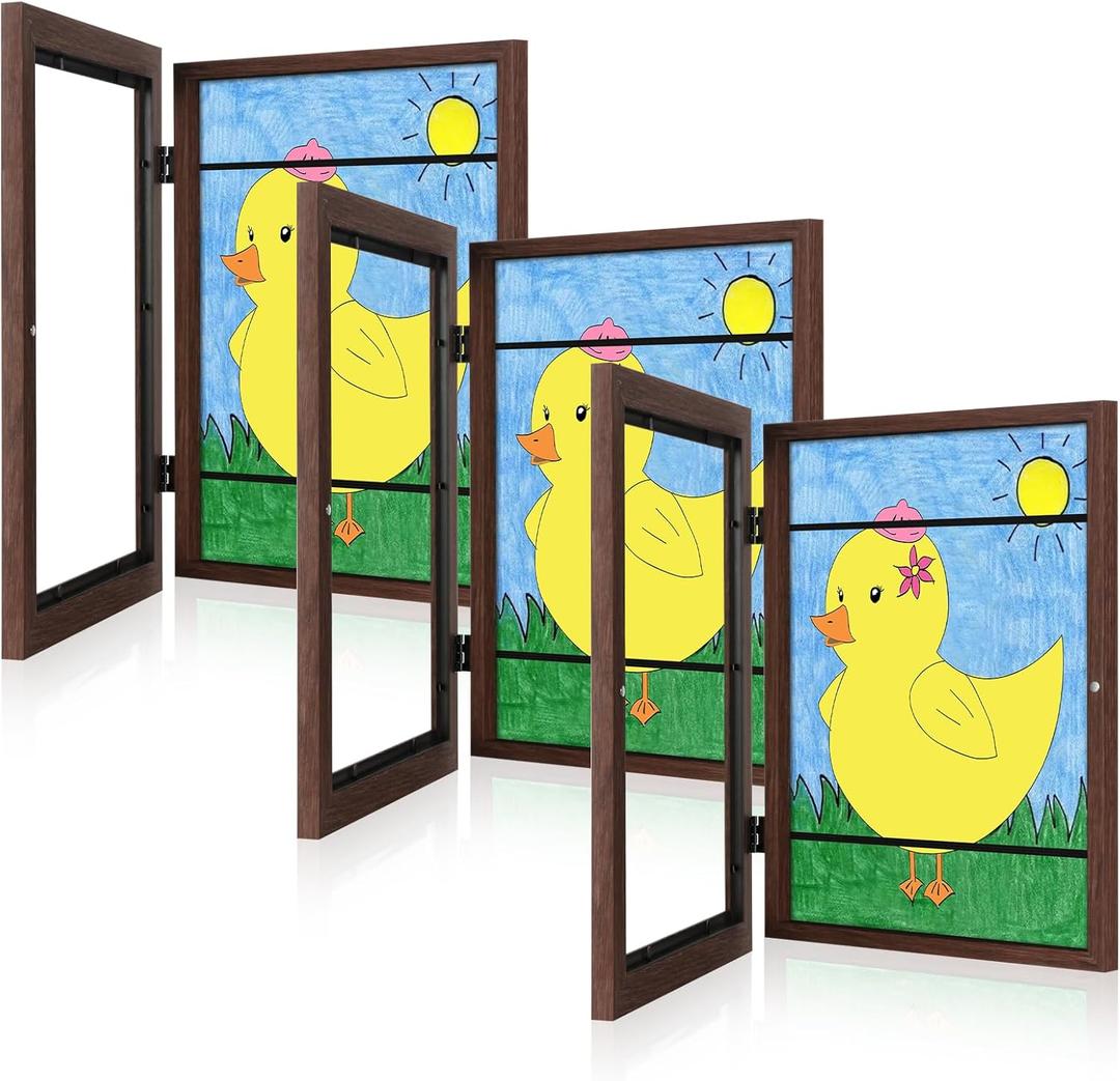 [3-Pack] Kids Art Frames, 8.5x11 Front Opening Kids Artwork Frames Changeable, Brown Artwork Display Storage Frame for Wall, Holds 50 Pcs, for 3D Picture, Crafts, Hanging Art, Portfolio