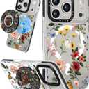 Case for iPhone 17 Pro Max Case Compatible with Magsafe Ring Holder Stand - for Women Retro Flower Design TPU Phone Cover for Girls Girly Funny Fashion