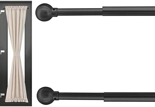 Sidelight Curtain Rod for French Doors - 3/8" Diameter, 10-16 Inch Adjustable, Includes Adhesive & Screw Brackets for Small Window Curtains, Set of 2, Black