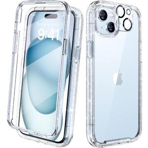 Diaclara Designed for iPhone 15 Case, Full Body Rugged Case with Built-in Touch Sensitive Anti-Scratch Screen Protector, with Camera Lens Protector for iPhone 15 6.1" (Clear Glitter)
