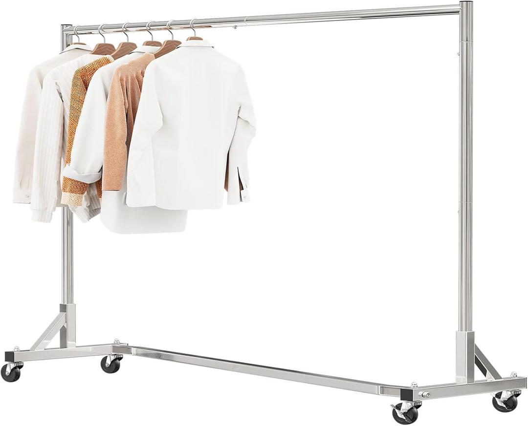 Simple Trending Industrial Grade Z Base 70in extra long Clothes Garment Rack, Commercial Grade Rolling Clothing Rack, Heavy Duty 600lb Load with Wheels, Chrome