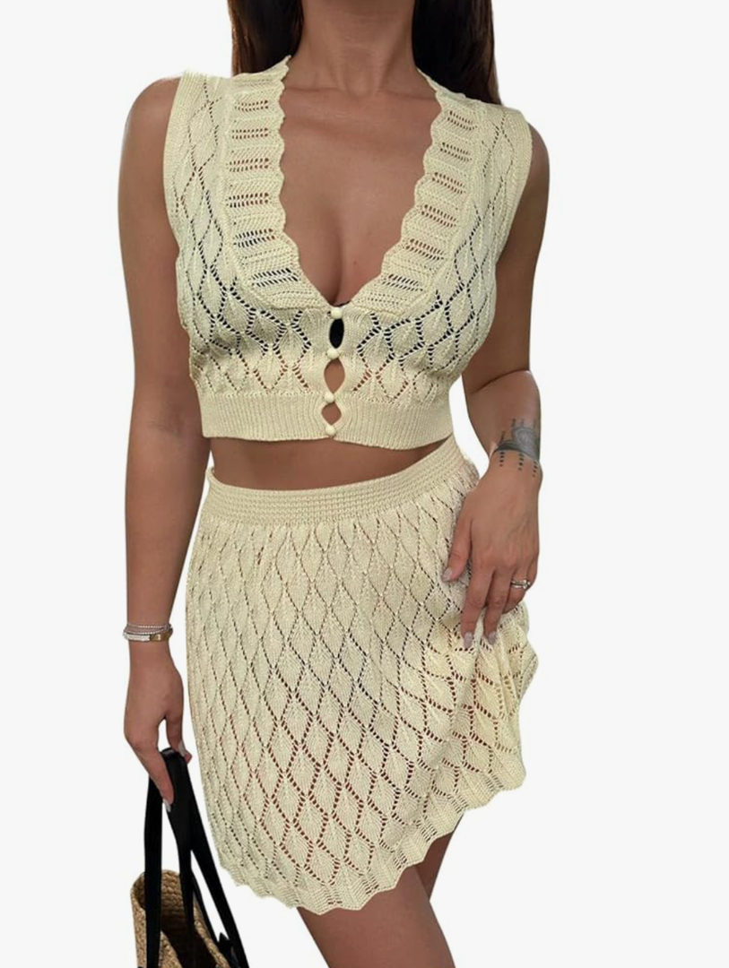 Saodimallsu Womens Two Piece Crochet Swimsuit Cover Ups Sleeveless V Neck Crop Tops Skirt Sets Beach Vacation Outfits L Apricot