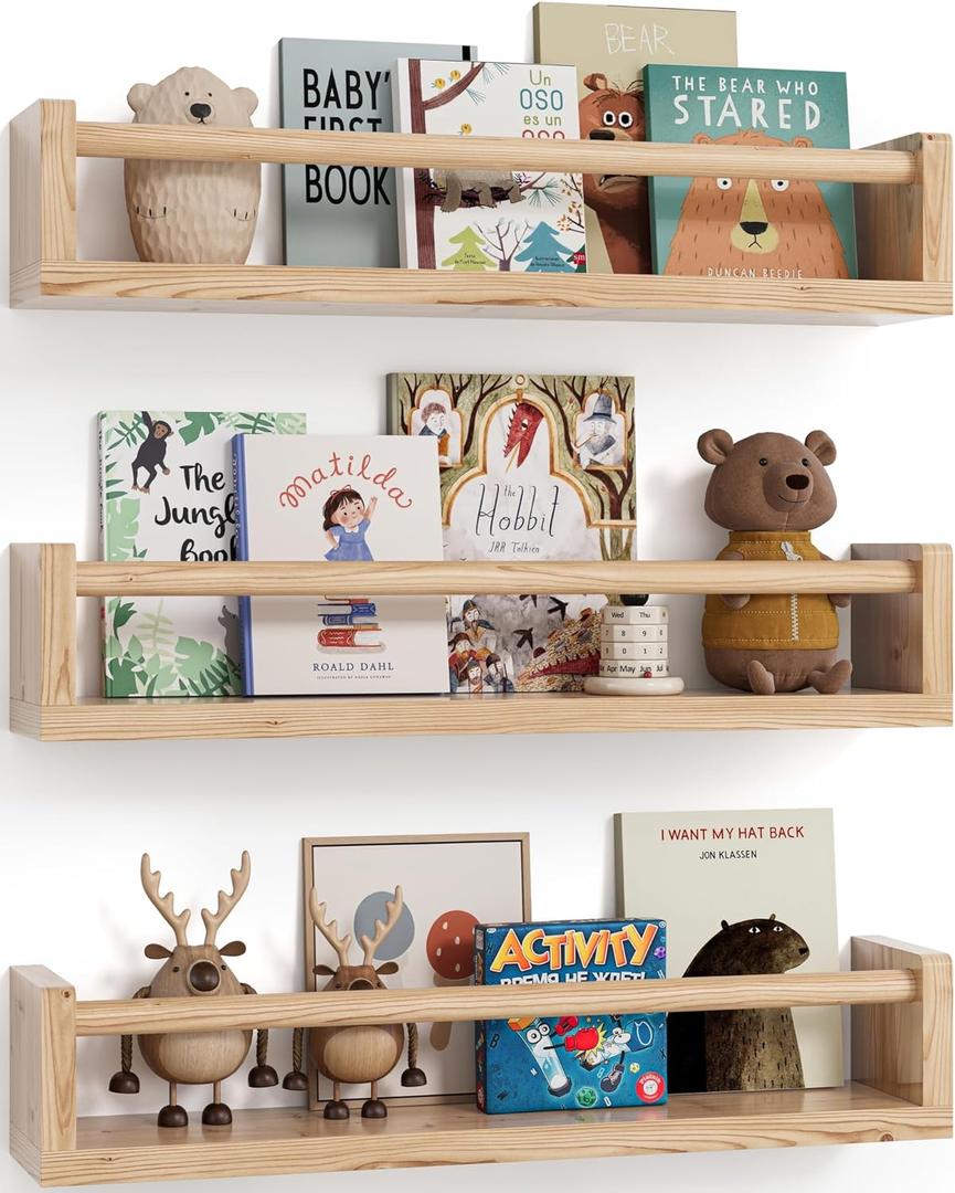 G&W Gruwald Nursery Book Shelves, Set of 3, Hanging Bookshelf, Wall Book Shelves for Bedroom Kids, Floating Shelf for Wall, Nursery Decor (16.5 Inches)