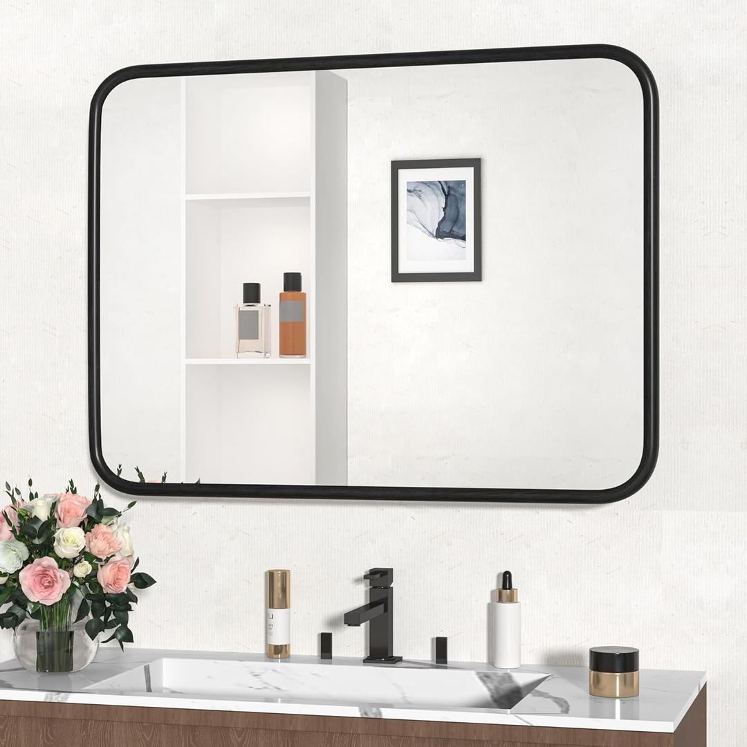Fun Memories 40"x30" Bathroom Wall Mirror, Rustic Black Wood Grain Frame, Tempered Glass Vanity Mirror for Bedroom, Entryway, Living Room, Farmhouse Decorative Wall-Mounted Mirror