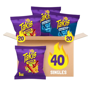 Takis 40 pc / 1 oz Variety Pack - Fuego & Blue Heat Flavored Rolled Tortilla Chips - (20) Fuego, (20) Blue Heat - Perfect for Tailgates, Parties, or the Office exp. 2-24-26