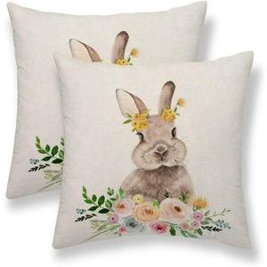 Easter Pillow Covers 18x18 Set of 2, Bunny Easter Floral Throw Pillow Covers Spring Farmhouse Decorative Linen Cushion Cases for Home Sofa Outdoor Decor
