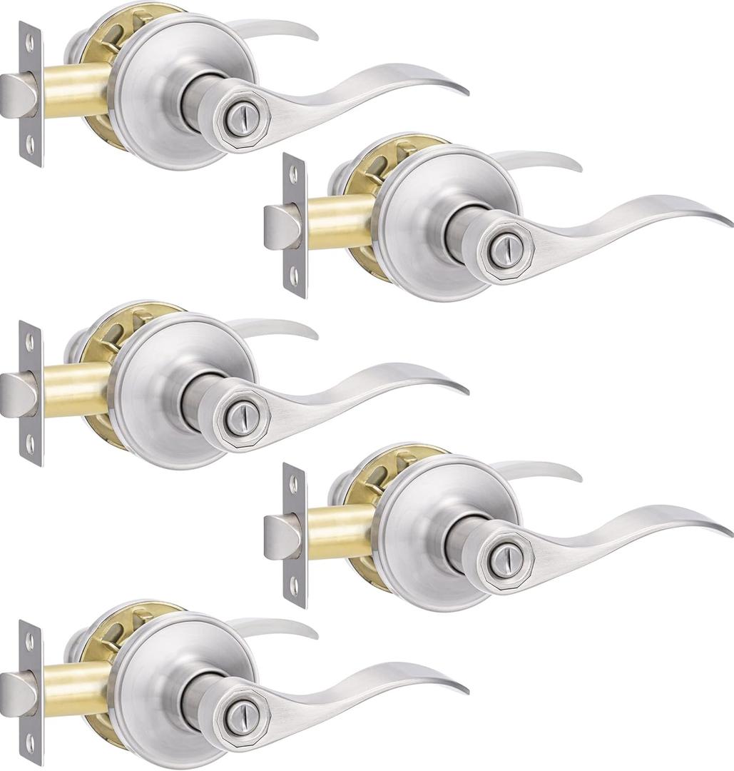5 Pack Privacy Door Handle, Brushed Nickel Keyless Lever With Lock for Interior Door, Closet, Bathroom, Bedroom, Wave Style, Satin Nickel