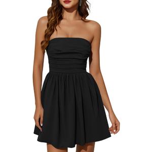 Wenrine Women's Sexy Strapless Summer Mini Dress Sleeveless Smocked A Lined Bubble Wedding Club Party Dress, XL