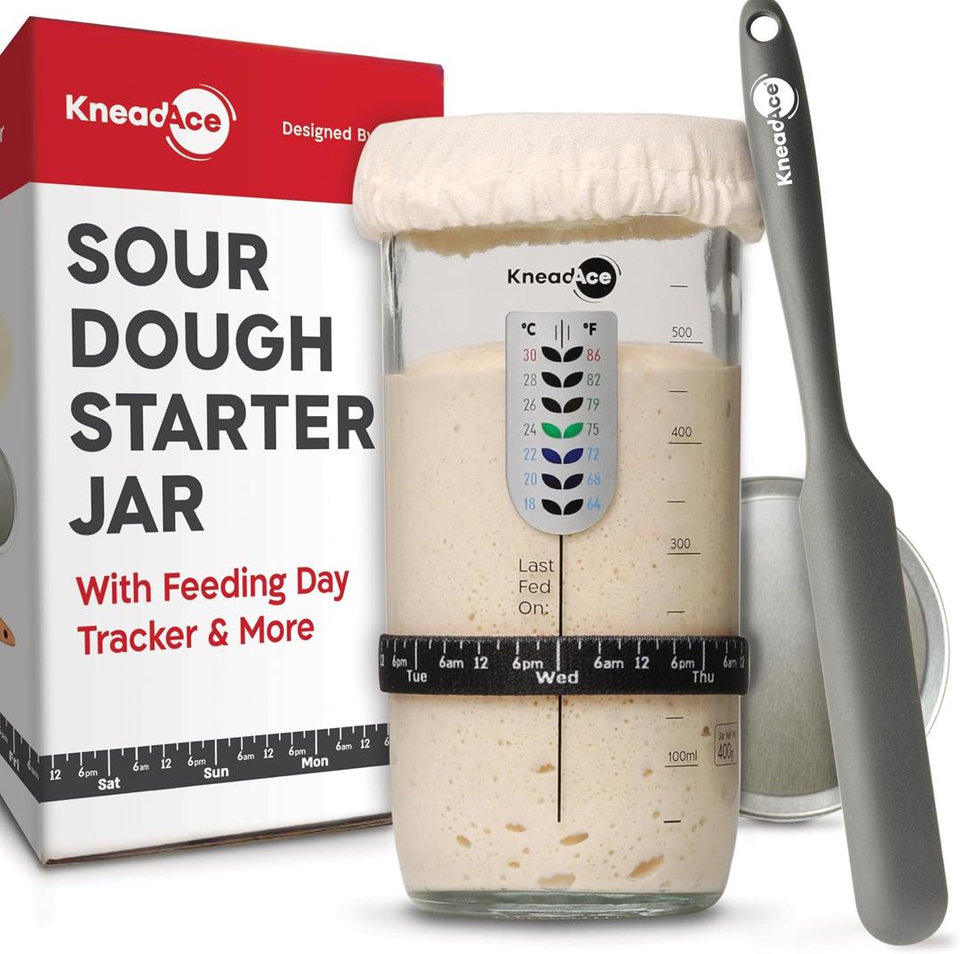 KNEADACE Sourdough Starter Jar With Date Marked Feeding Band, Thermometer, Sourdough Jar Scraper, Sourdough Container Sewn Cloth Cover & Metal Lid, Sourdough Starter Kit (1 Pack)