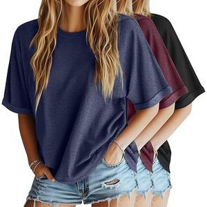 Riyiper 3 Pack Women's Oversized TShirt Half Sleeve Summer Tees Casual Loose Fit Crew Neck Basic Tops(Fuchsia, Navy Blue, Black,Large)