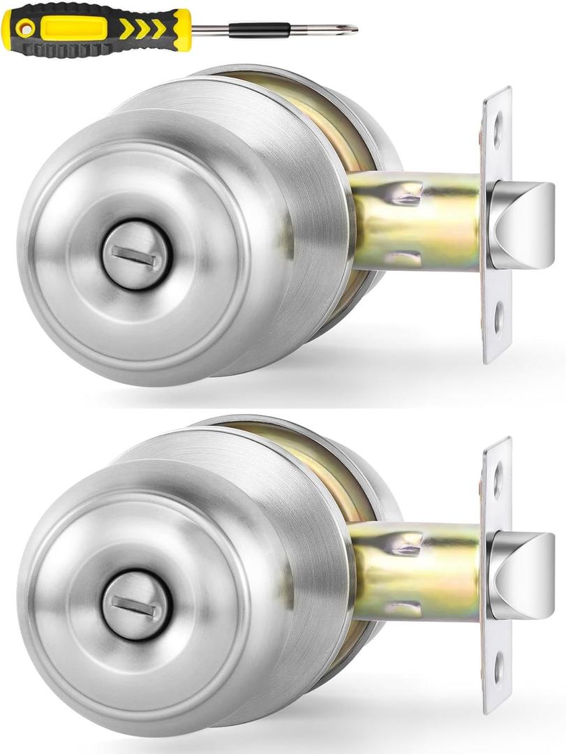 Lanwandeng 2 Pack Interior Door Knobs for Bedroom or Bathroom Keyless, Brushed Nickel Privacy Door Knob, Round Ball Bath/Bed Door Locks