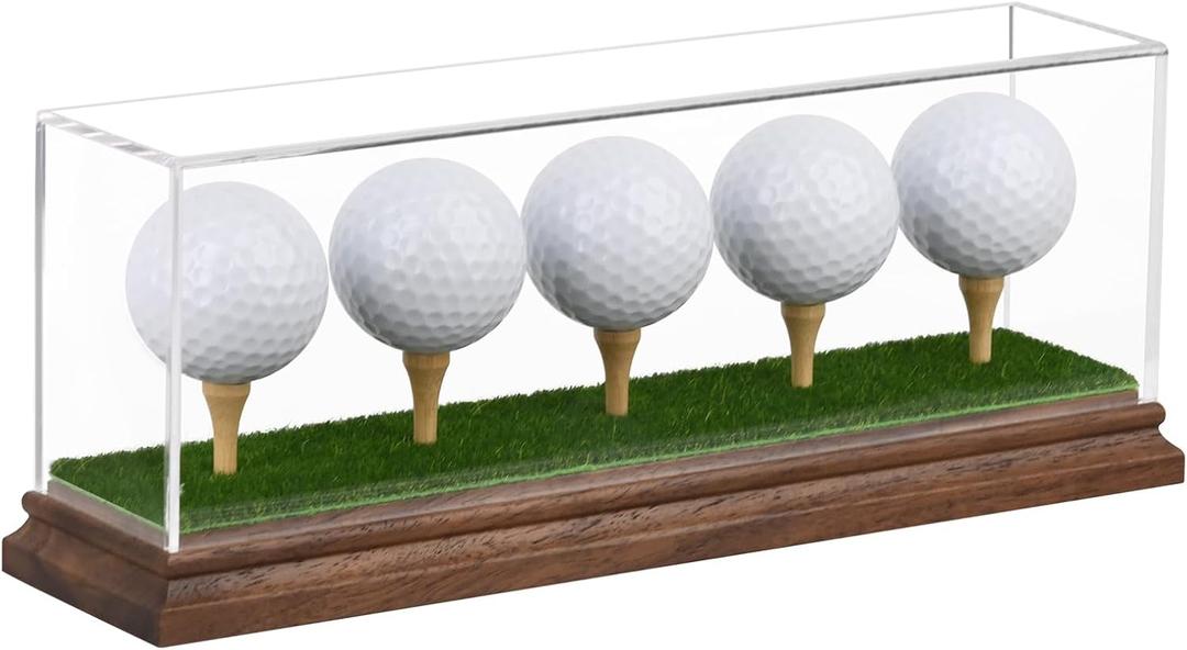 Hole in One Golf Ball Display Case Golf Ball Display Case Holder for 5 Golf Balls Wanult Wood Base Acrylic Golf Ball Holder Stand Lifelike Turf Wood Tee Memorabilia Showcase Cube Box Stand Gift Decor