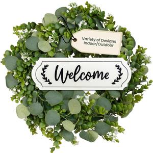 Sggvecsy Green Eucalyptus Wreath with Welcome Sign 20in Artificial Spring Summer White Berries for Front Door Wall Window Festival Farmhouse Porch Patio Garden Decor, White,green
