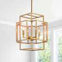16.5" Gold Chandelier, 4-Light Industrial Lantern Ceiling Pendant Light Fixture, Modern Foyer Lighting Fixtures, Large Chandelier for Entryway, Farmhouse Pendant Lights for Dining Room, Staircase