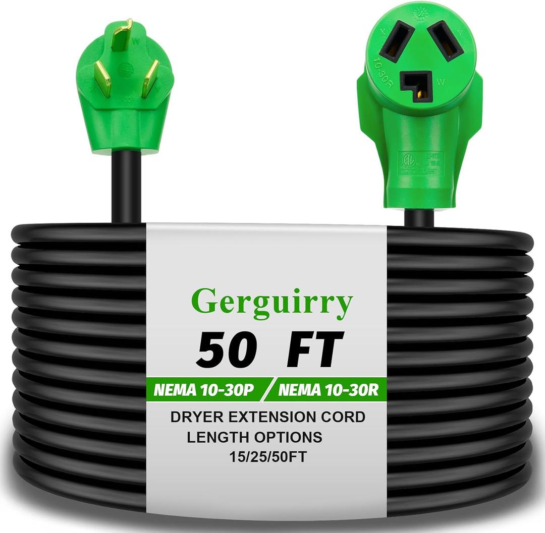 Gerguirry 3 Prong 50 Feet Dryer Extension Cord, 30 Amp NEMA 10-30P to 10-30R Heavy Duty Cord, Use for Dryer Power Extension and Level 2 EV Charging, 125 Volt/250 Volt 10-AWG Gauge, ETL Listed