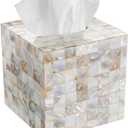 Milano Tissue Box Cover Square  Decorative Tissue Holder for Bathroom - Beautiful Natural Mother of Pearl Capiz Shells Tissue Box Holder - Cube Tissue Box Cover with Durable Bottom Slider