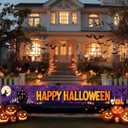 Happy Halloween Banner Halloween Decorations Outdoor Yard Banner Purple Moon Scene Witch Pumpkin Ghost Skull Bat Backdrop 118x20 Inch for Fence Garden Porch Party Wall Decor