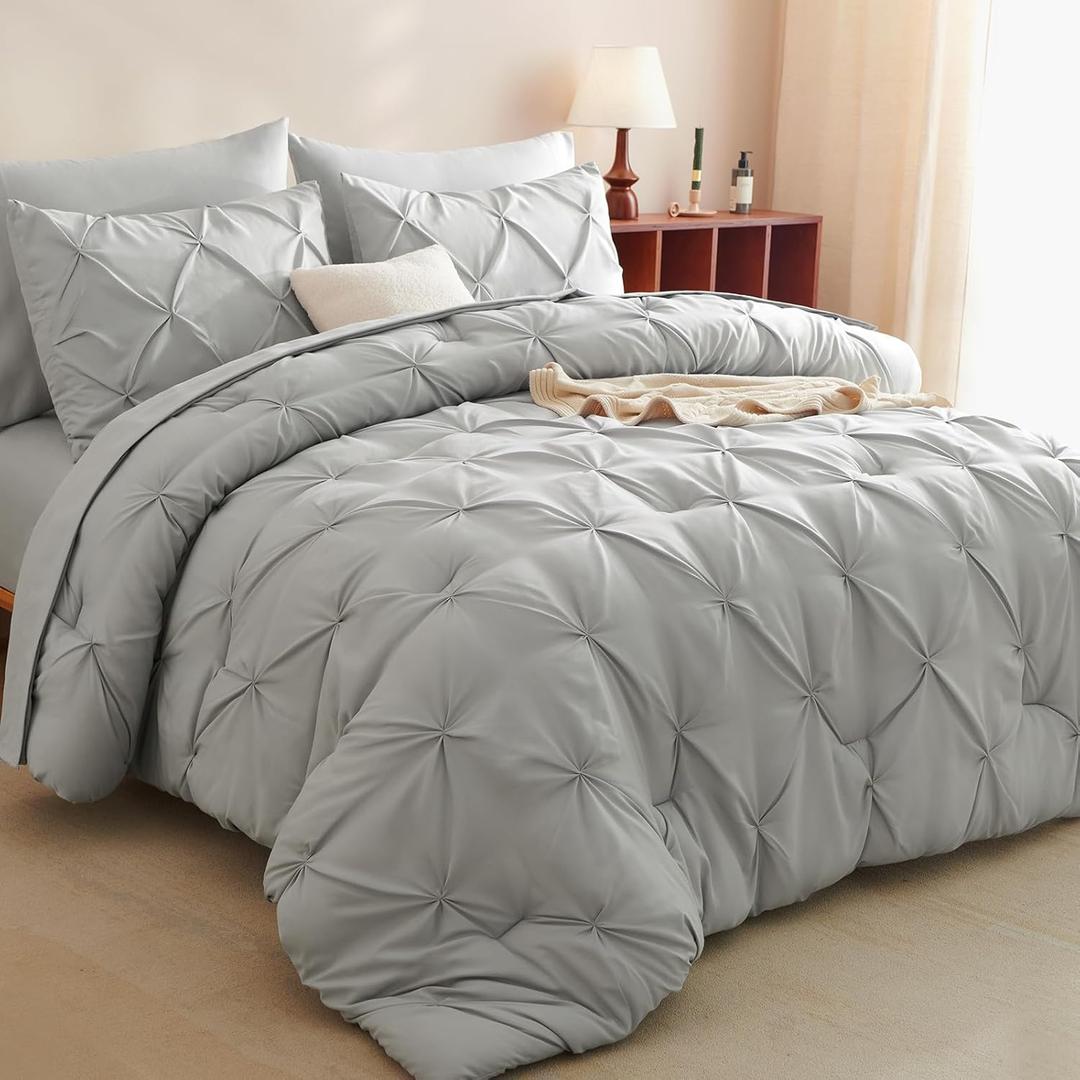 CozyLux Queen Comforter Set - 7 Pieces Comforters Queen Size Light Gray, Pintuck Bed in A Bag Pinch Pleat Bedding Sets with All Season Comforter, Flat Sheet, Fitted Sheet and Pillowcases & Shams (Light Grey)