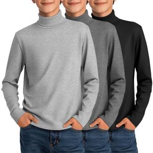 3 Pack Boys Turtleneck Tops Kids Long Sleeve Shirts Turtle Neck Pullover Undershirt Youth Basic Layer Warm Tops (13-14 Years, Light Gray, Dark Gray, Black)