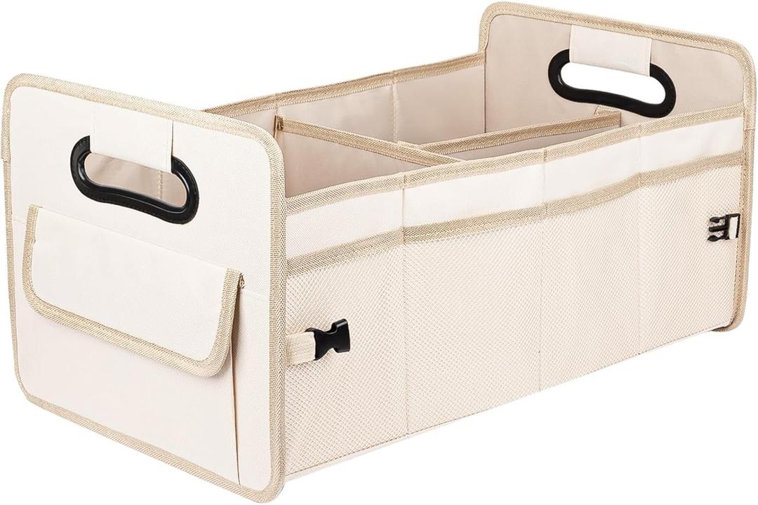 JiatuA Car Trunk Organizer, Car Organizers and Storage Collapsible Multi Compartment Container Box, Adjustable Car Accessories for SUV Sedan Truck, Standard Size, Beige