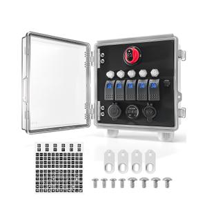 5 Gang Rocker Switch Box, Waterproof Pre-Wired Switch Panel with Circuit Breakers, USB PD Charger, Cigarette Lighter & Voltage Display for 12V Marine ATV UTV Truck RV