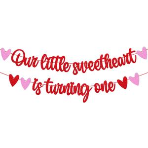 Valentine's 1st Birthday Banner Our Little Sweetheart is Turning One Heart Love Romantic Decorations for 1st One Year Old Kids Boy Girl Happy Bday Party Supplies