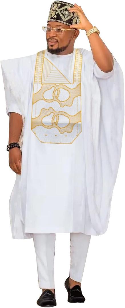 TIDOIRSA Dashiki for Men,Embroidery African Mens Clothing Dashiki Shirts and Pants Outfits 3 Pieces Set (5X-Large, White)