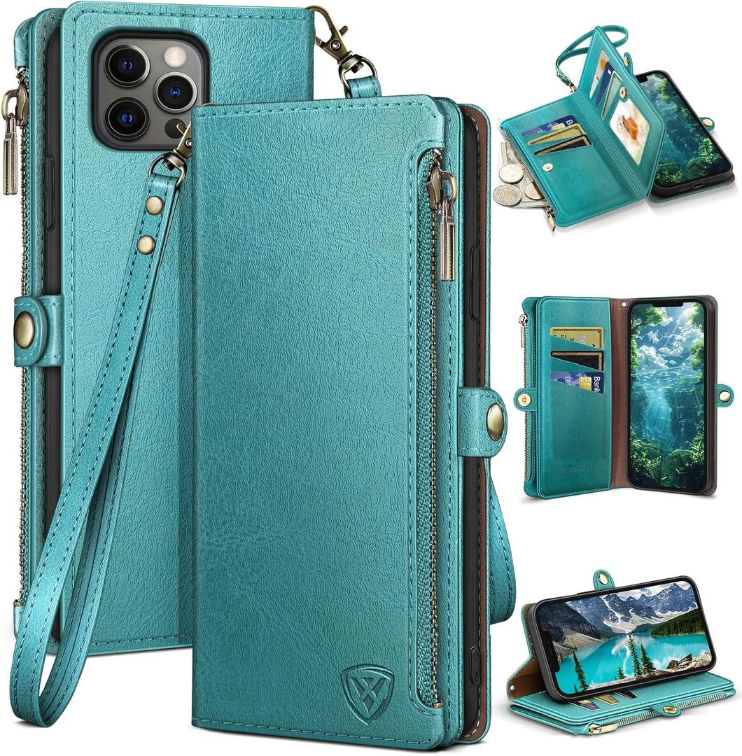 XcaseBar for iPhone 12 Pro Max 6.7" Wallet case with Zipper Credit Card HolderRFID Blocking, Flip Folio Book PU Leather Phone case Shockproof Cover Women Men for Apple 12 Pro Max case Blue Green