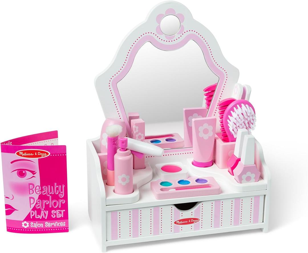 Melissa & Doug Wooden Beauty Salon Play Set, 18-Piece Vanity with Pretend Play Toys, Makeup, Mirror, Accessories & More, Preschool Toys for Girls & Boys Ages 3+ - FSC Certified
