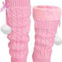Shihanee Winter Fleece Lined Leg Warmers for Women Long Fluffy Cute Leg Warmers with Bow and Pompom Y2k Kawaii Boot Socks (Pink)
