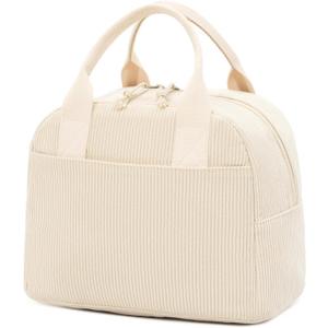 Insulated Cream Beige Lunch Bag for Women, Stylish Corduroy Tote with Aluminum Lining, Large Capacity Reusable Cooler for Work, Travel, or Beach, Beige Cream Water-Resistant Lunch Box