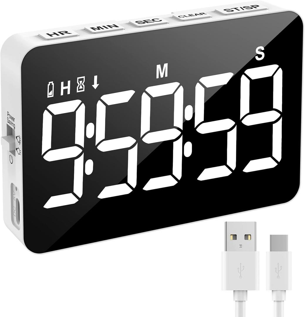 Rechargeable Digital Kitchen Timer for Cooking, Magnetic Timers with Countdown/up, Kids Timer with 5LED Display 3 Brightness 4 Volume Adjustable for Classroom/Office/Home/Work/Study/Fitness/Game (Black+white)
