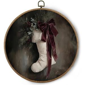 BitKAM Vintage Christmas Round Wall Art Decor, Moody Christmas Canvas Prints Framed, Winter Xmas Red Bow Stocking Wall Hanging Decorations for Home Bedroom Living Room, 10x10 Inch Wall Sculptures