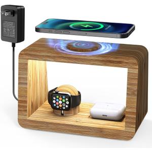 Bamboo Wireless Charging Station 4-in-1 Wireless Charger with Nightlght, Compatible with iPhone 17/ 16/ 15/ 14/ 13/ 12 Pro Max/ X/ Xs Max/ 8, AirPods 4/ 3/ & AirPods Pro3/ 2/ 1, Apple Watch Series