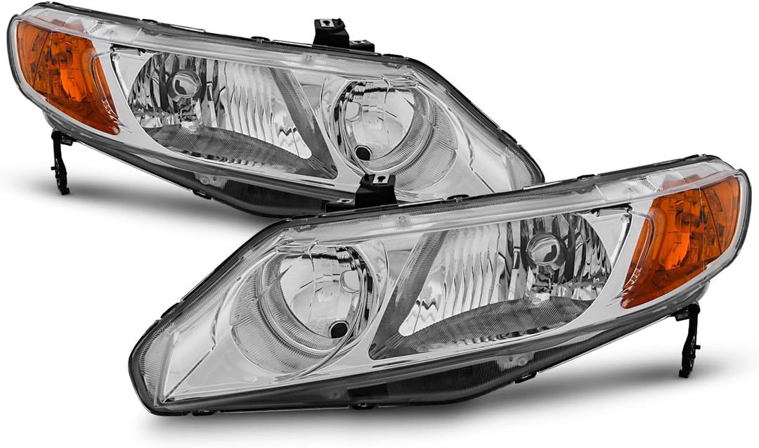 AKKON - Fits 2006-2011 Honda Civic Sedan 4-Door Chrome Headlights Pair Driver+Passenger w/Amber Corner Lamp