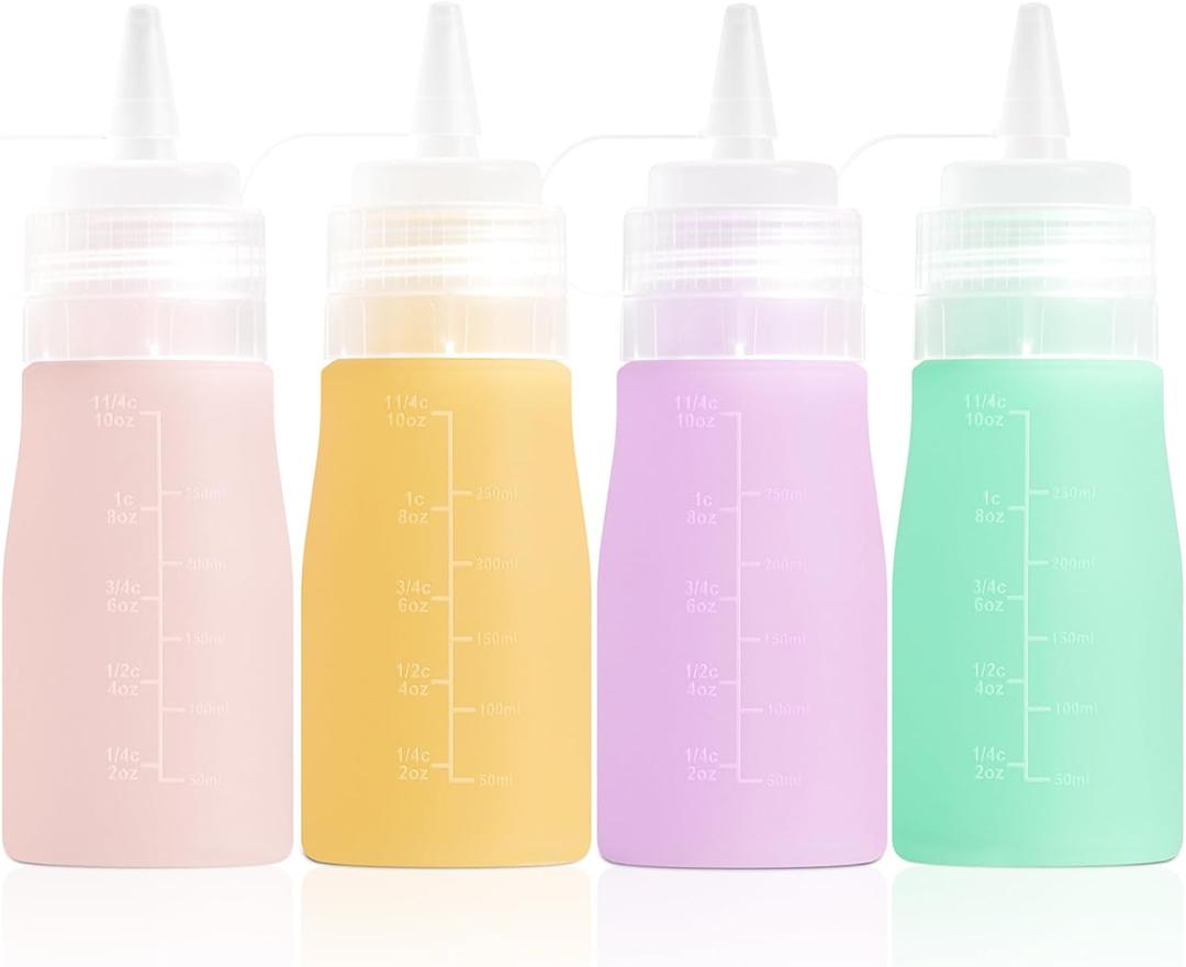 Mrsdry Condiment Squeeze Bottles, 12 oz Silicone Squeeze Bottles For Sauces, Leak Proof Condiment Containers with Extra Interchangeable lid, Easy Squeeze for Oil, Honey & Dressings, BPA FREE (4 Pack) (Pink)