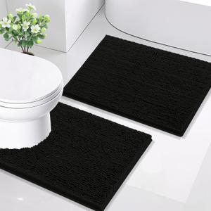 Smiry Bathroom Rugs Set 2 Piece, Soft Absorbent Chenille Bath Mat and U-Shaped Toilet Rug Set, Non Slip Shaggy Bath Carpet for Tub, Shower and Floor (24x16+24x20, Black)